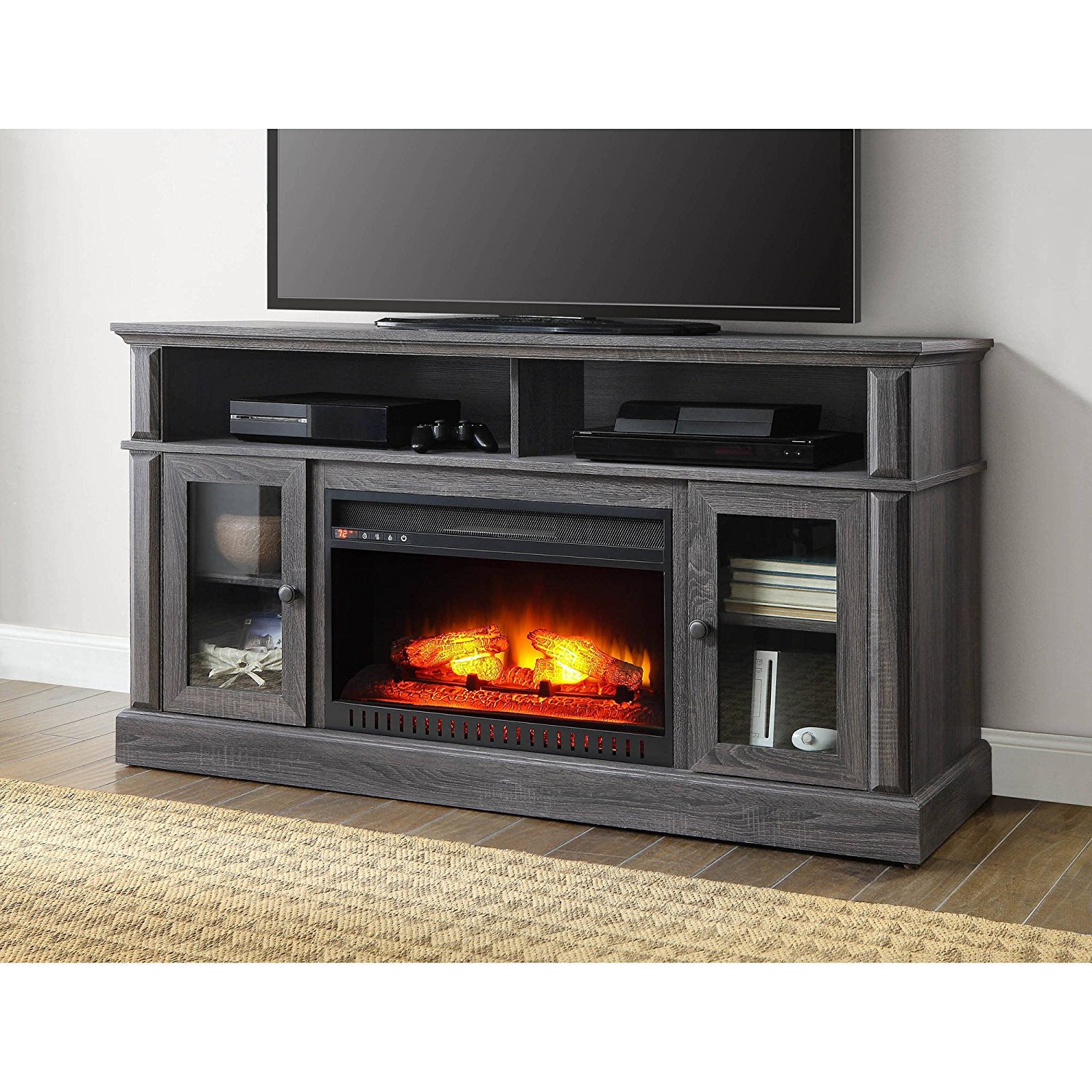 Gray Whalen Remote Control Barston Fireplace Media Console For TV's Up