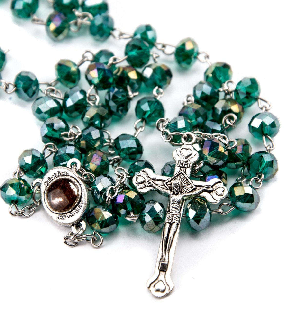 Unique Green Beads Crystals Rosary Catholic Necklace Holy Soil Medal