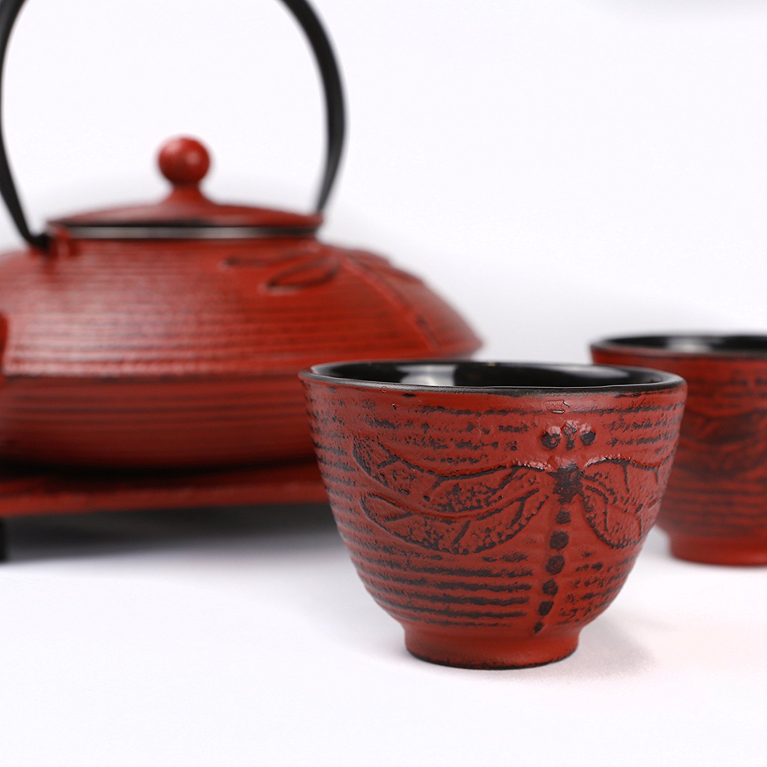 Cuisiland Dragonfly Cast Iron Teapot Set with 2 Cups 27oz Red N3 free