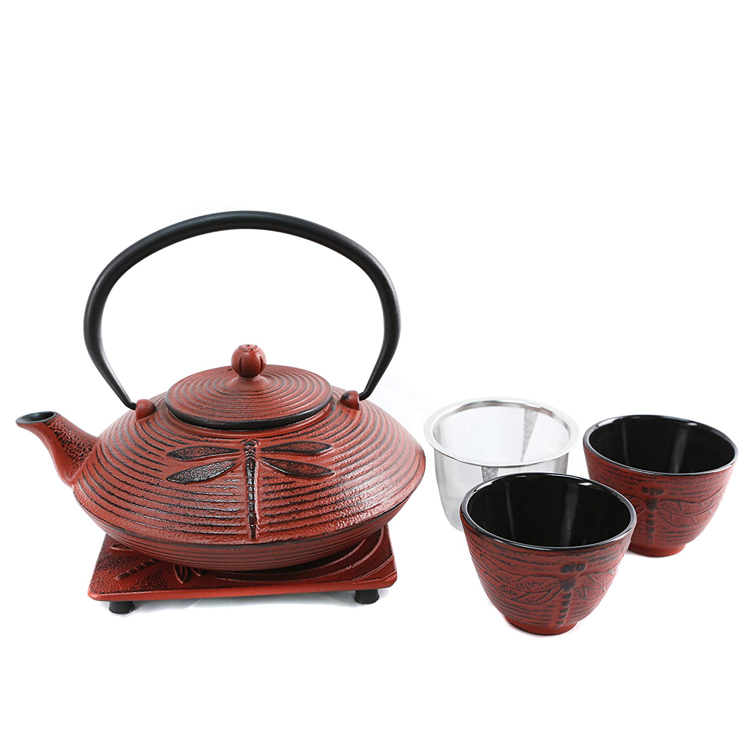 Cuisiland Dragonfly Cast Iron Teapot Set with 2 Cups 27oz Red N5 free