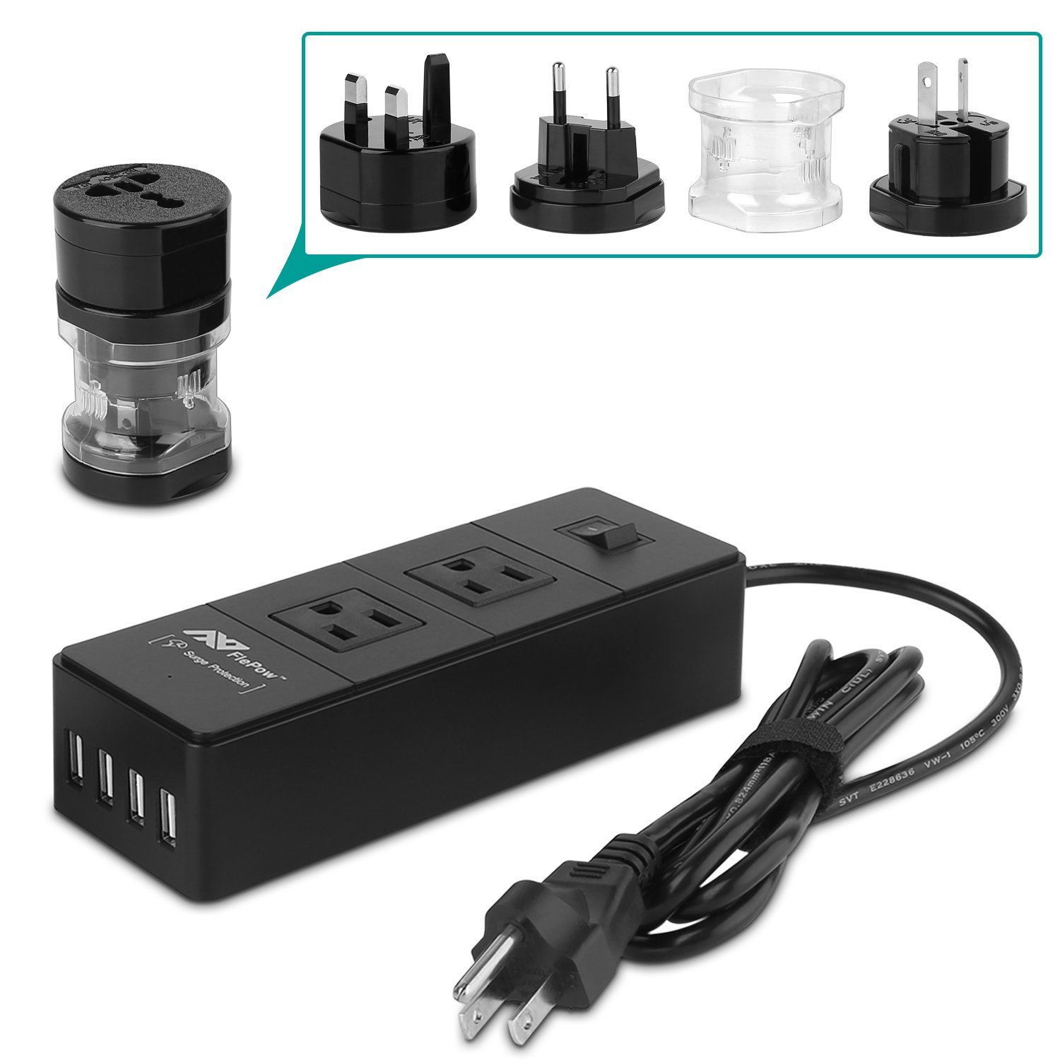 FlePow Portable Power Strip Surge Protector Travel Charger with 2 AC
