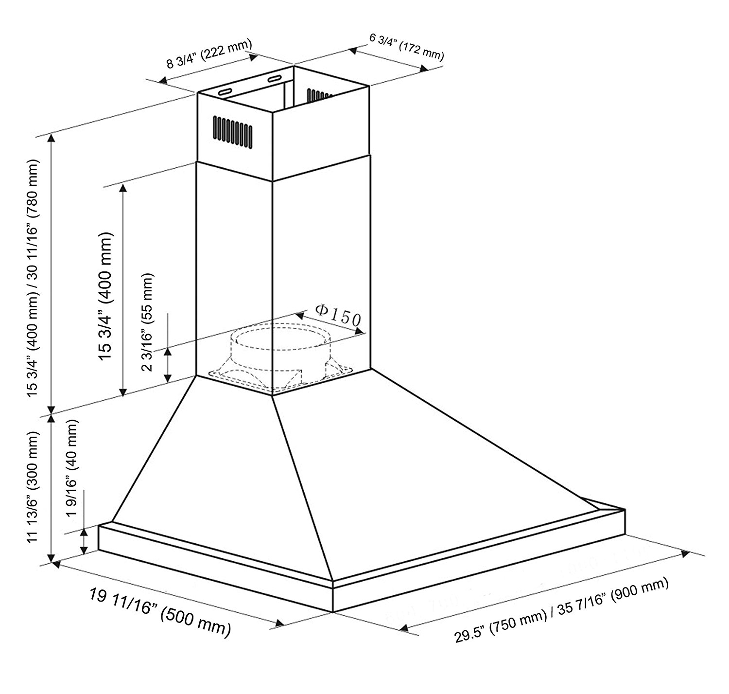 Ancona Pyramid with Rim 600 CFM Stainless Steel Wall Mount Range Hood