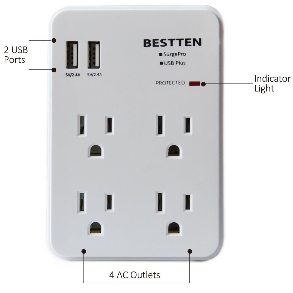 Bestten 3 Outlet Wall Mount Surge Protector with 2 USB Charging Ports
