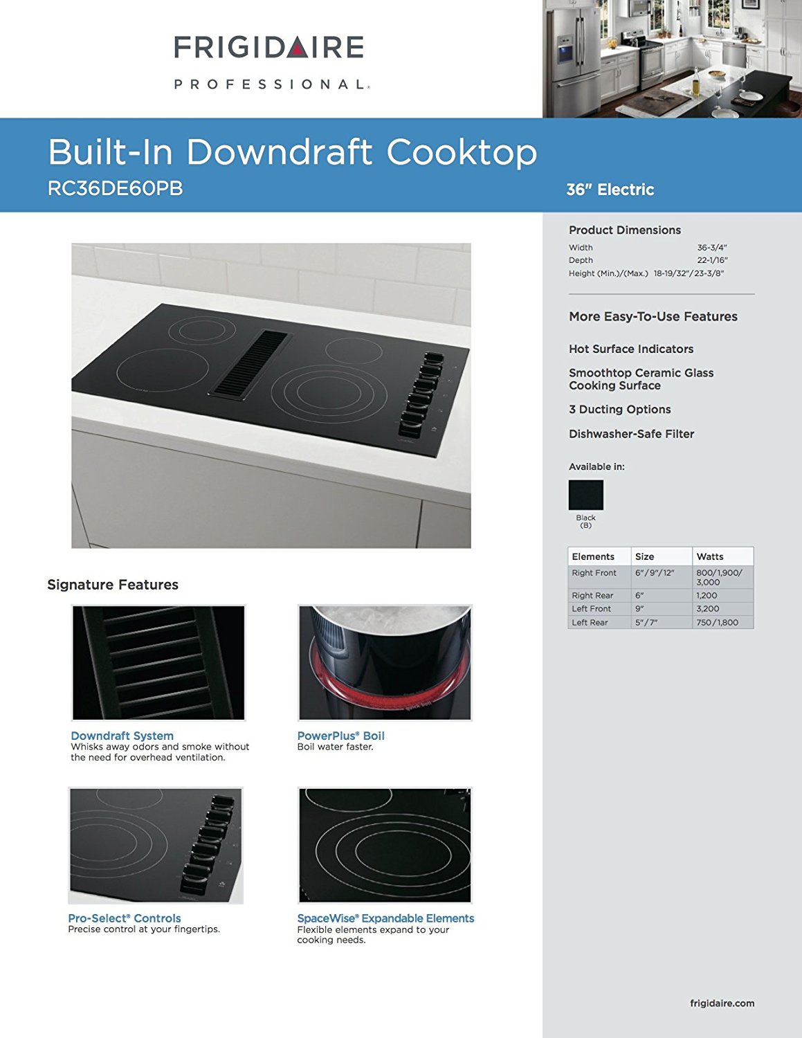 Frigidaire 36" Smoothtop Electric Black Cooktop with BuiltIn 500 CFM