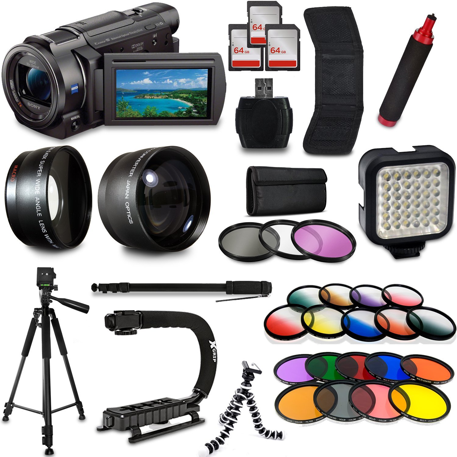 Sony FDRAX53 4K HD Handycam Camcorder Video Camera + Tripod + Monopod