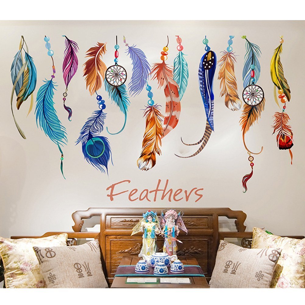 Feather Wall Stickers Removable DIY Mural Creative Background Colourful