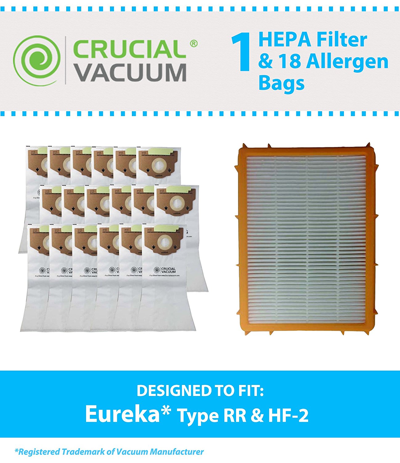 18 Eureka Style RR Allergen Vacuum Bags + 1 HF2 HEPA style Filter Fit