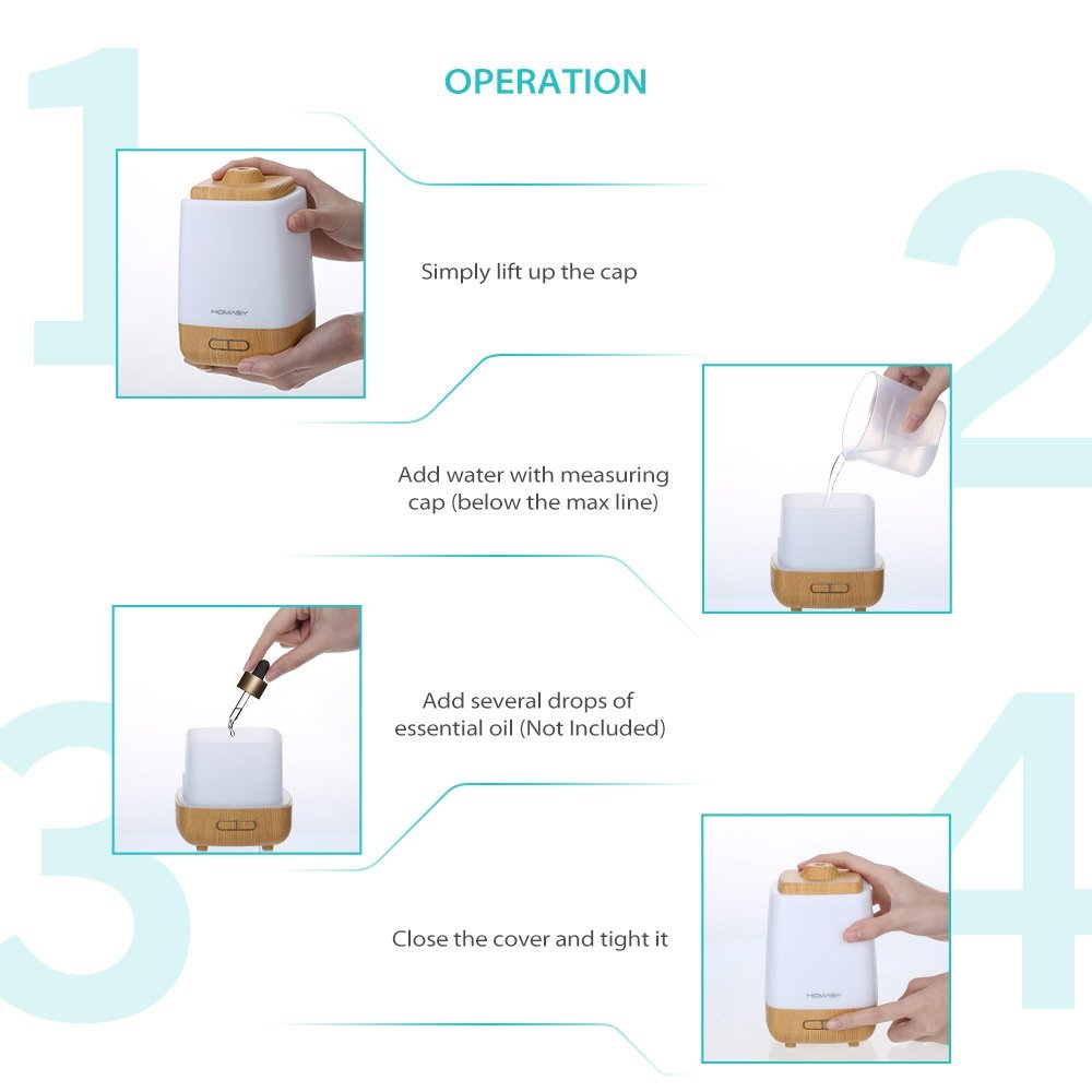 Homasy 200ml Aroma Essential Oil Diffuser, Wood Grain, Night Light with