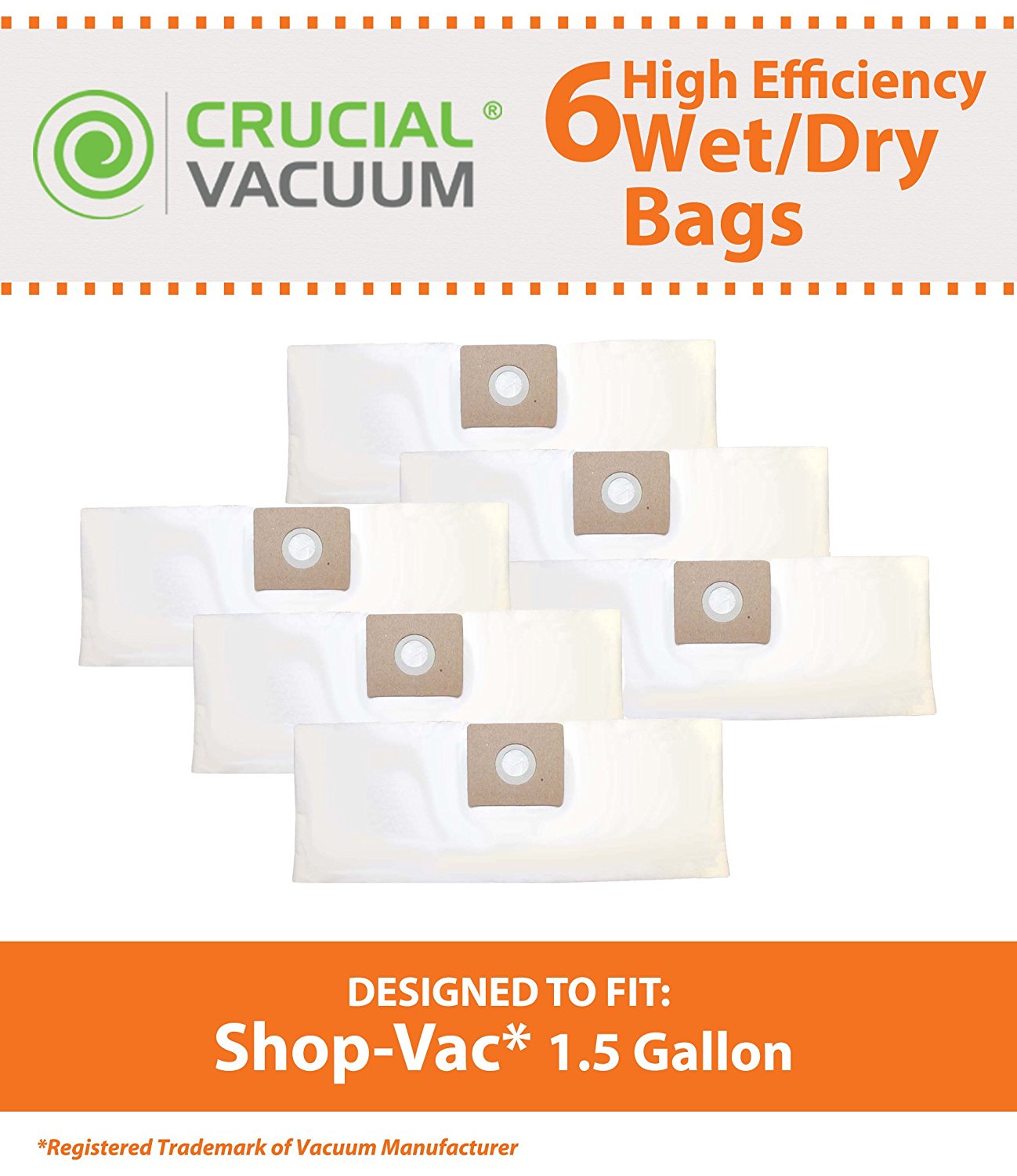 6 Shop Vac 1.5 Gallon Type A Bags, Fits ShopVac 1.5 Gallon Wet/Dry Vacuums, Compare to Part SV