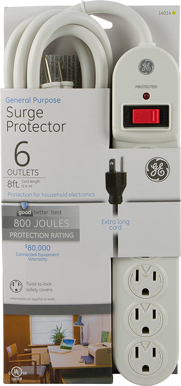 GE 14014 6Outlet General Purpose Surge Protector, 800 Joules, 8ft Cord