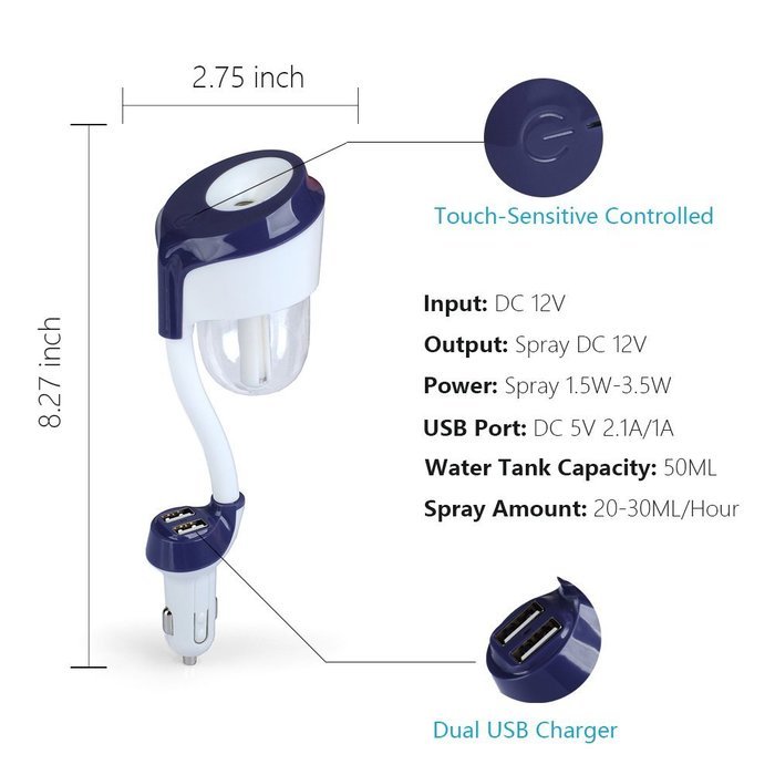 Ottertooth Car Humidifier with Dual USB Charger, 4 in 1 Essential Oil