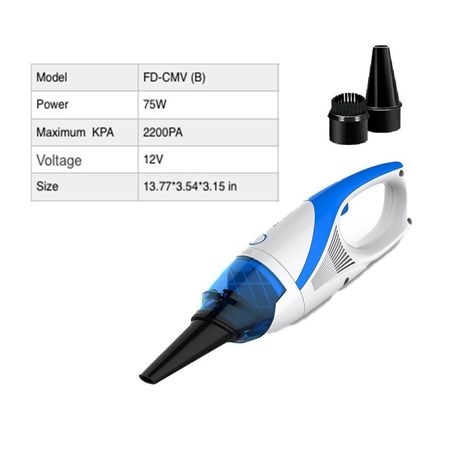 Cordless Car Vacuum Mini Cleaner Hand Vac, 75 W／12V／2200Pa Strong Suction , Equipped with Multi