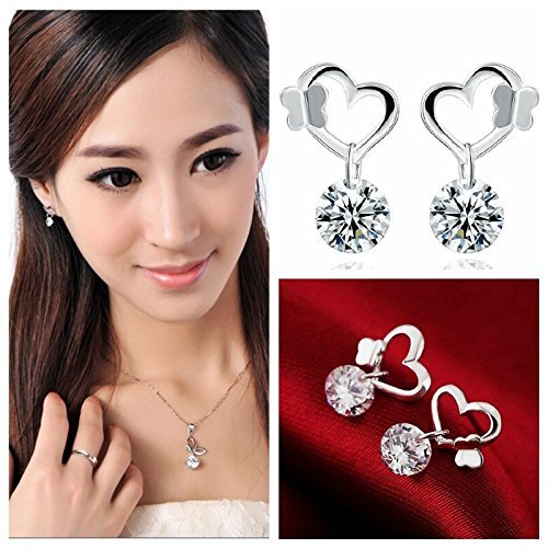 New Fashion Jewelry Womens 925 Sterling Silver Heart Crystal Stud