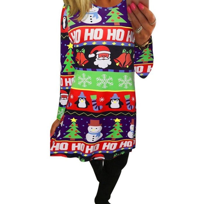 Xmas Print Swing Ladies Christmas Long Sleeve Flared