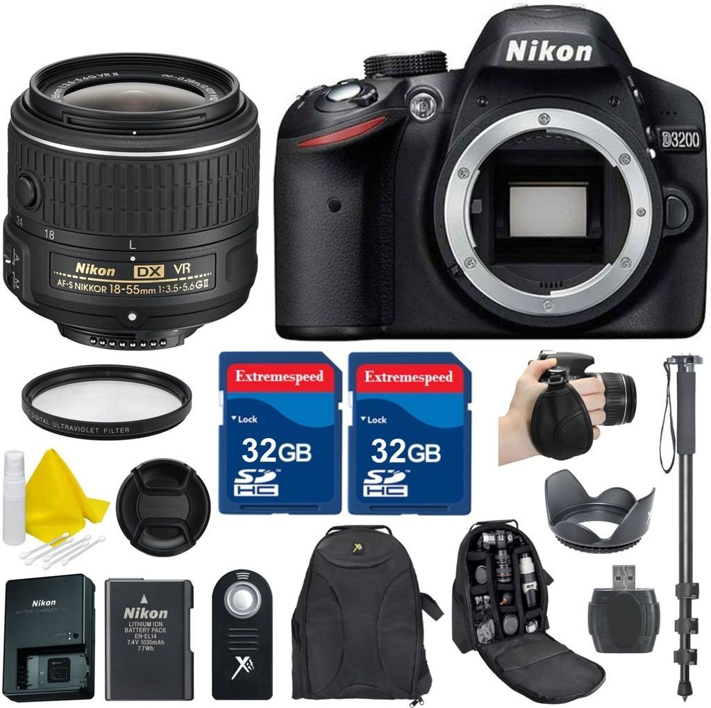 Nikon D3200 DSLR Camera Body + 1855mm VR II + 2 32GB Extremespeed