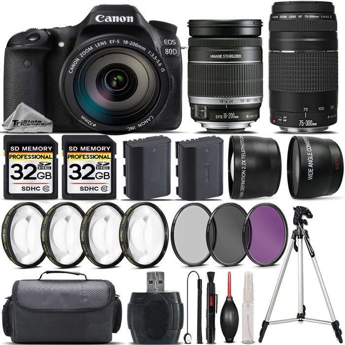 Canon EOS 80D DSLR Camera + Canon 18200mm IS Lens + Canon 75300mm