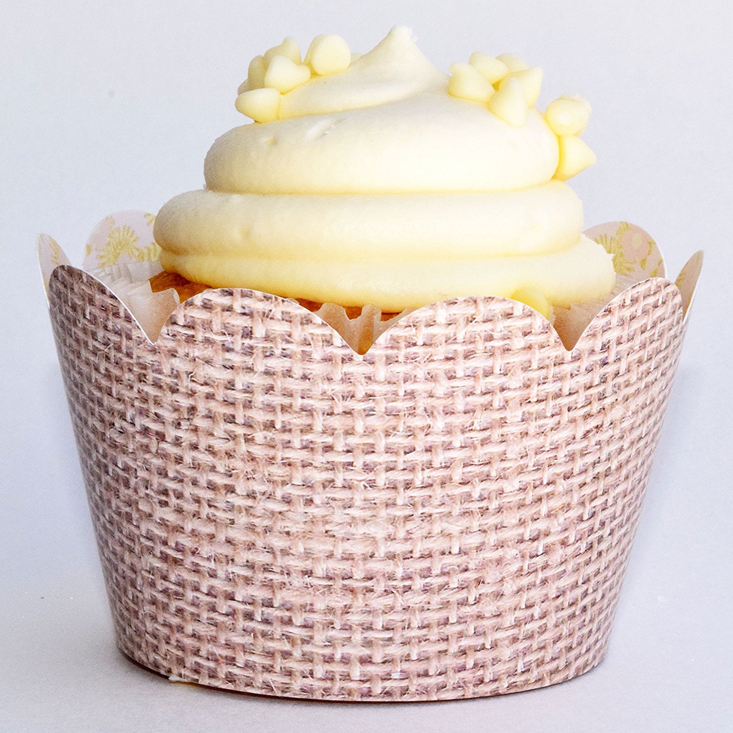 Rustic Burlap Cupcake Wrappers, Pink and Gold Lace, Confetti Couture