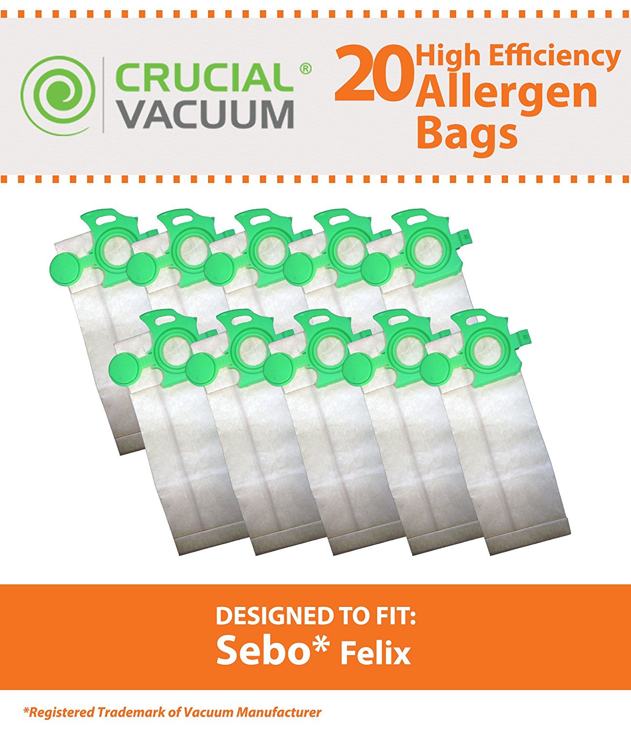 20 Sebo Felix HEPA Style Cloth Bags, Part 7029ER, Designed