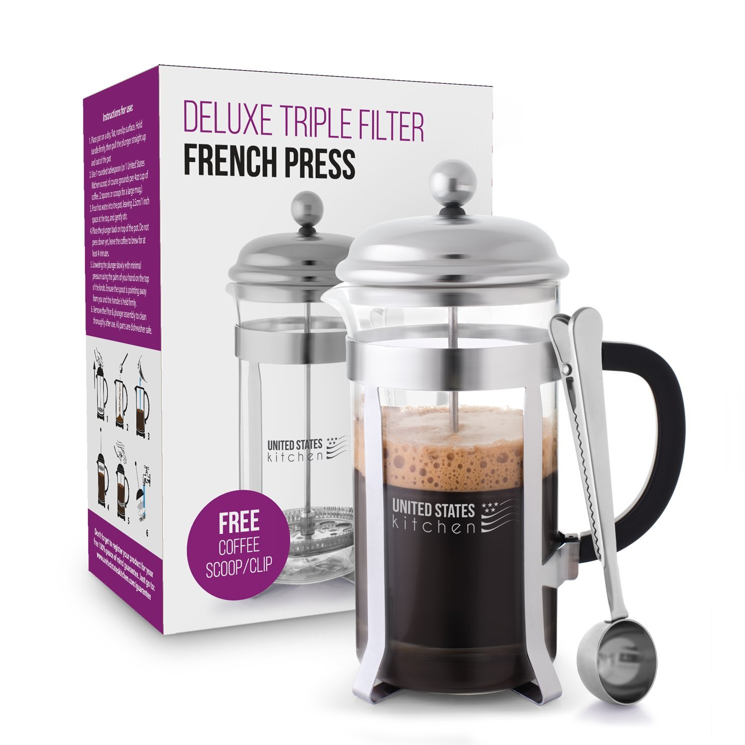 French Press Coffee Maker Chrome Plated with Triple Stainless Steel