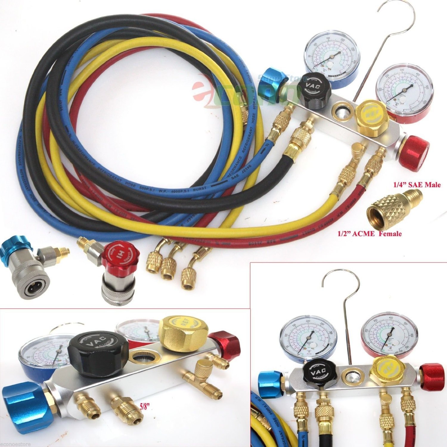 R410a R134a R12 R22 4 Way Valve Manifold Gauge + 4 Hoses Quick Adapter