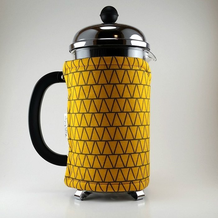 Yellow Gray Triangles, French Press Cozy, 8 cup Cafetiere Cosy