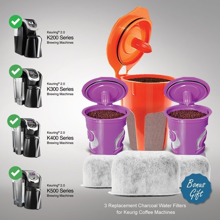 2 Reusable KCups, 1 Reusable Carafe KCup and 3 Replacement Charcoal
