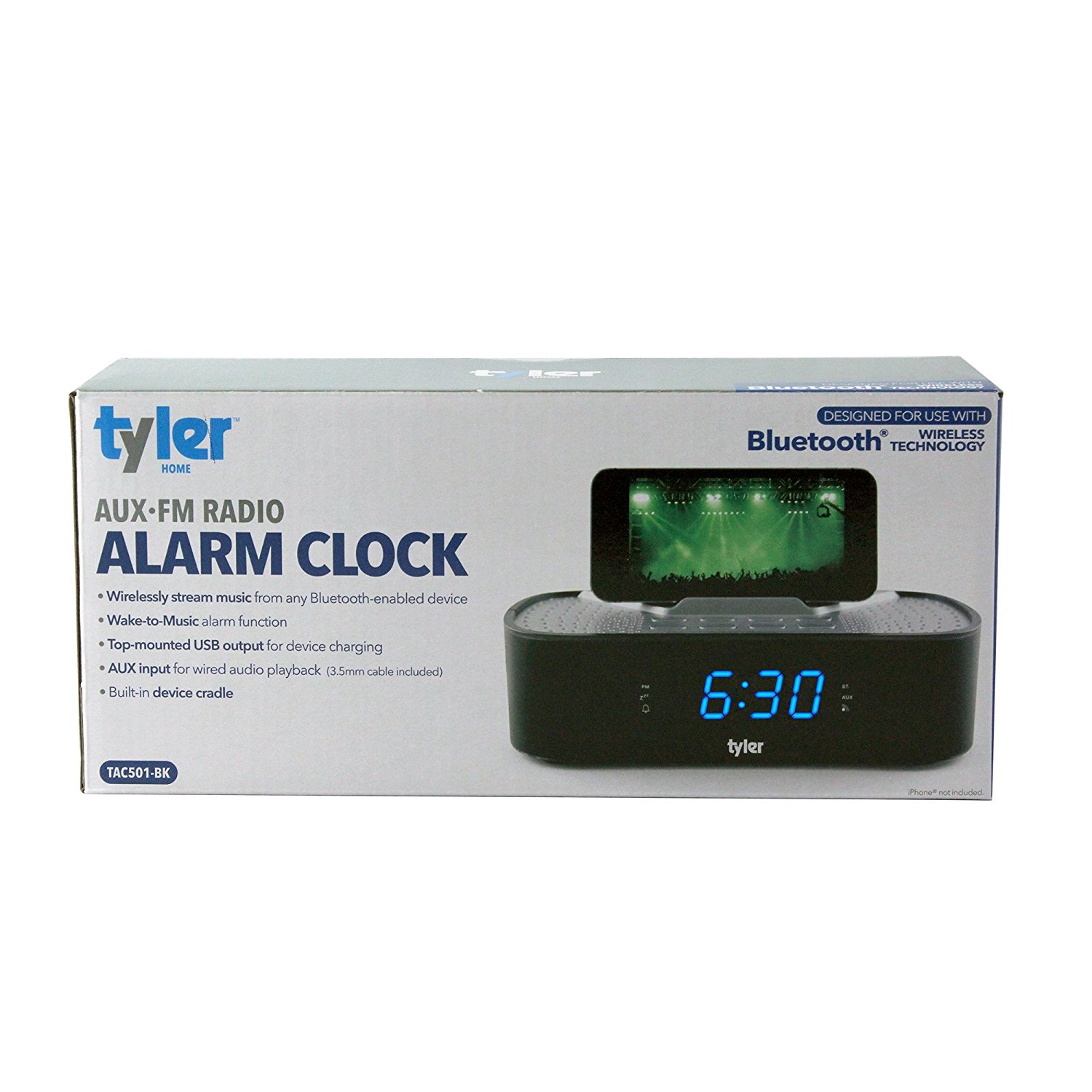 Tyler Bluetooth Alarm Clock Radio TAC501WHT With Stereo Speaker, FM Radio, USB Charging, AUX