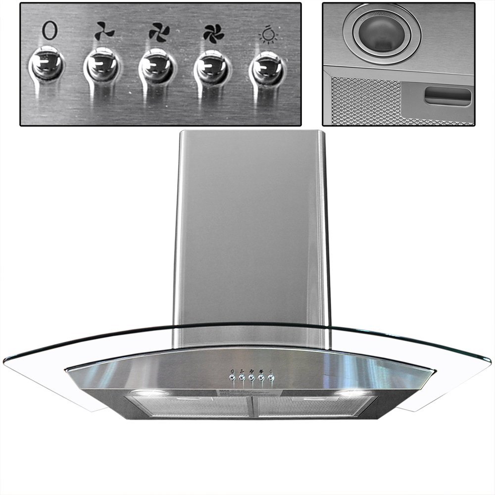 Toyofmine 30" Kitchen Wall Mount Stainless Steel Glass Range Hood Stove