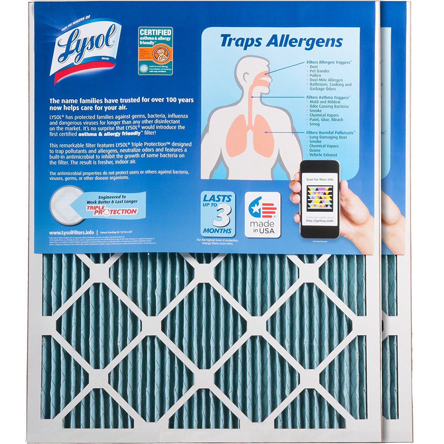 Lysol Triple Protection Furnace/AC Air Filter, 12" x 24" x 1", 2Pack