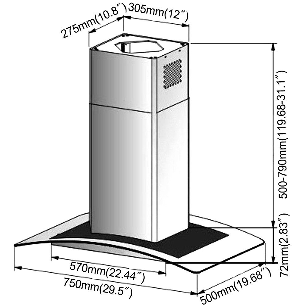 Toyofmine 30" Kitchen Wall Mount Stainless Steel Glass Range Hood Stove