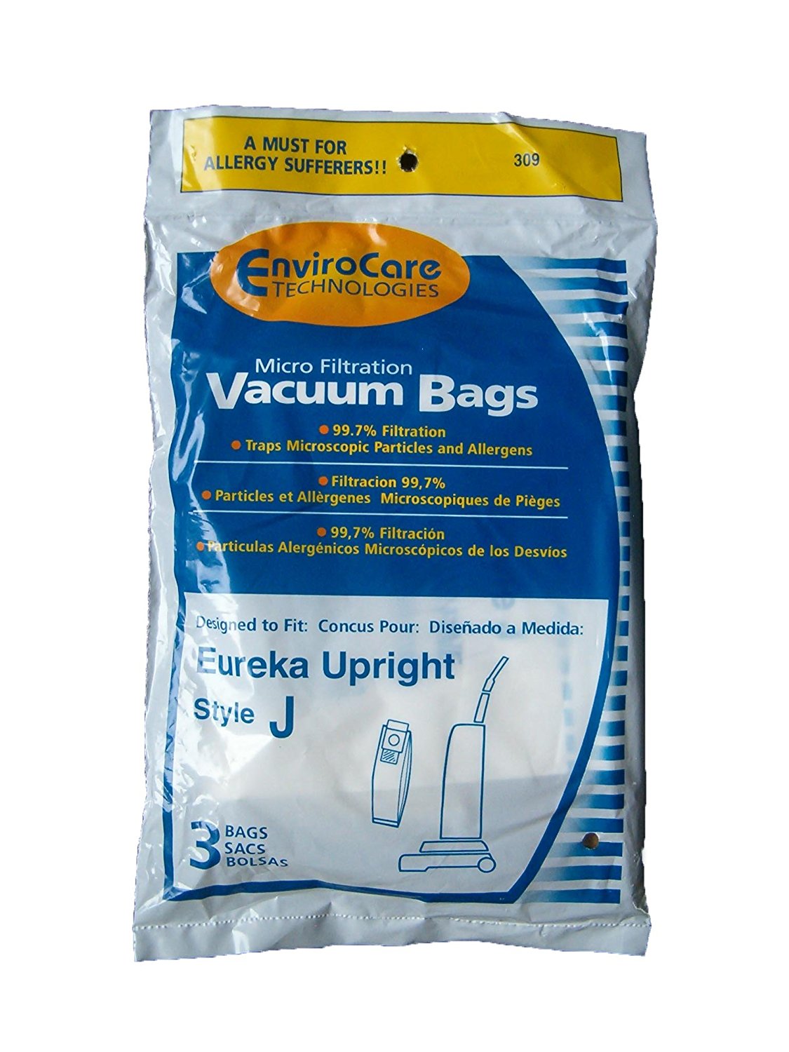 3 Eureka Allergy Style J Vacuum Bags, Athena, Boss Power Upright