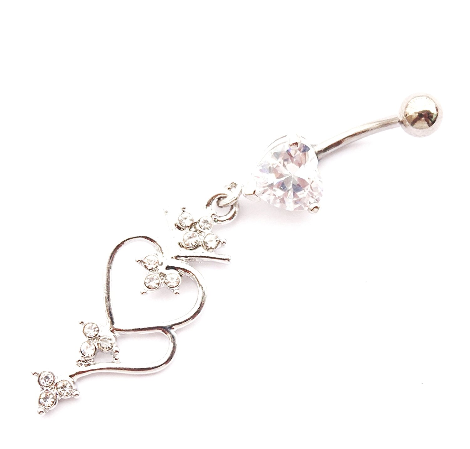 Dedegui 14g Silver double hearts Dangling Belly Button Navel Ring Body