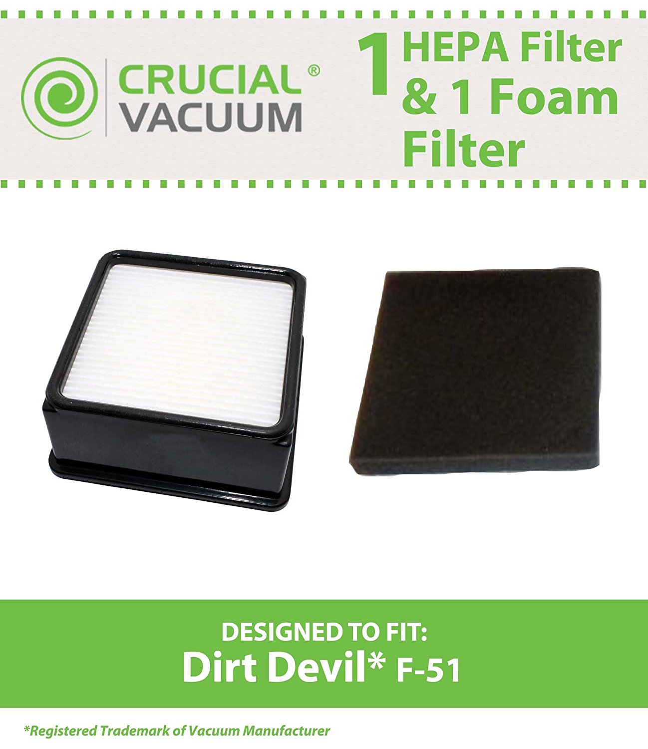 1 Dirt Devil F51 HEPA Filter & 1 Foam Filter Fits Dirt Devil Ultra Cyclonic Upright Vacuum Model