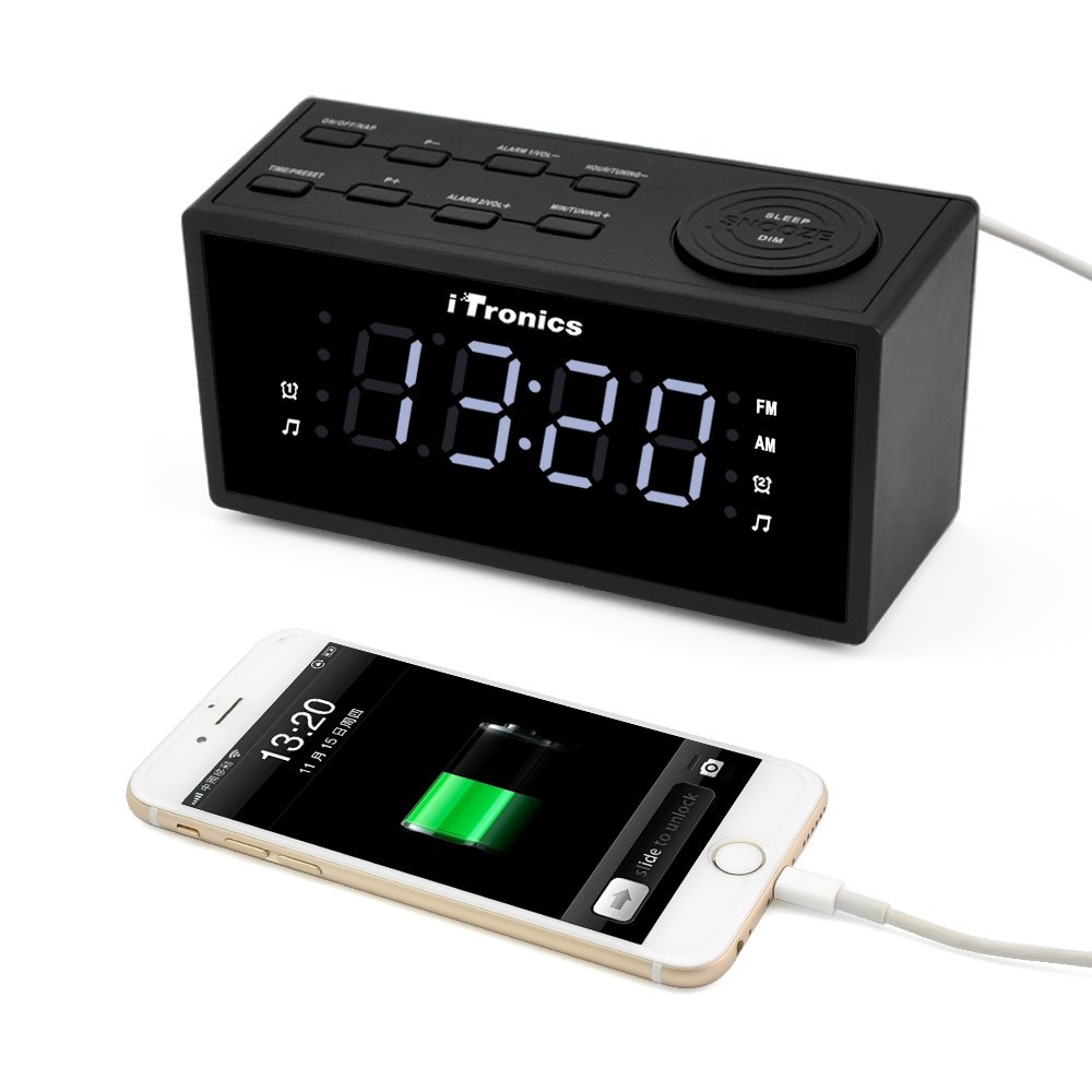 ITronics LED Dual Alarm Clock Radio with USB Charging, Digital AM/FM