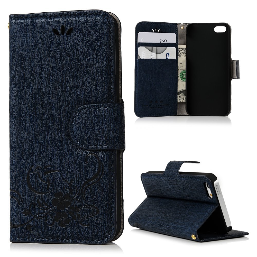 IPhone SE Case,iPhone 5S Case,iPhone 5 Case Flip Wallet Case Stand Vintage Embossed Flowers PU
