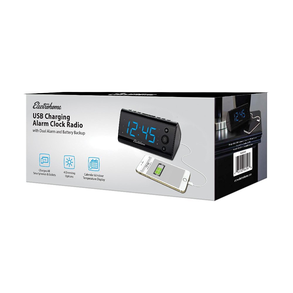 Electrohome Alarm Clock Radio with USB Charging for Smartphones
