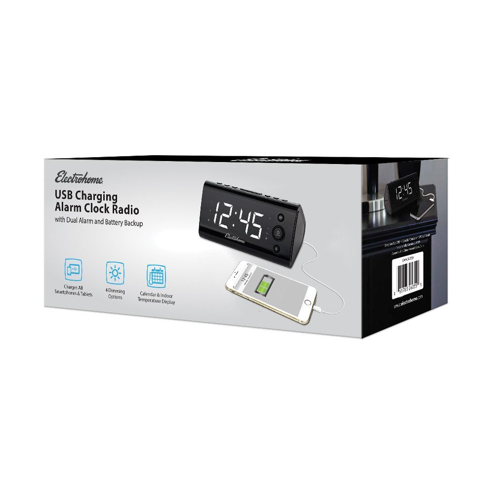 Electrohome Alarm Clock Radio with USB Charging for Smartphones