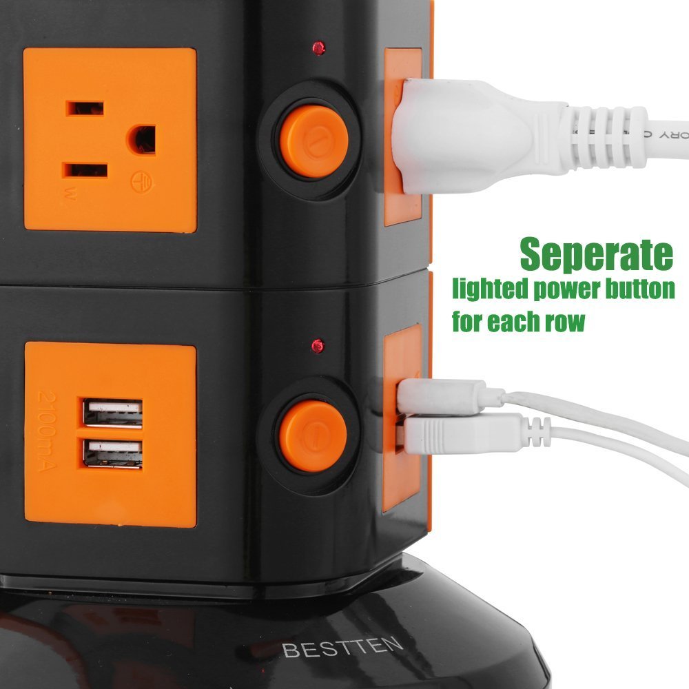 Bestten MultiFunctional Charging Station Tower 6Outlet Surge