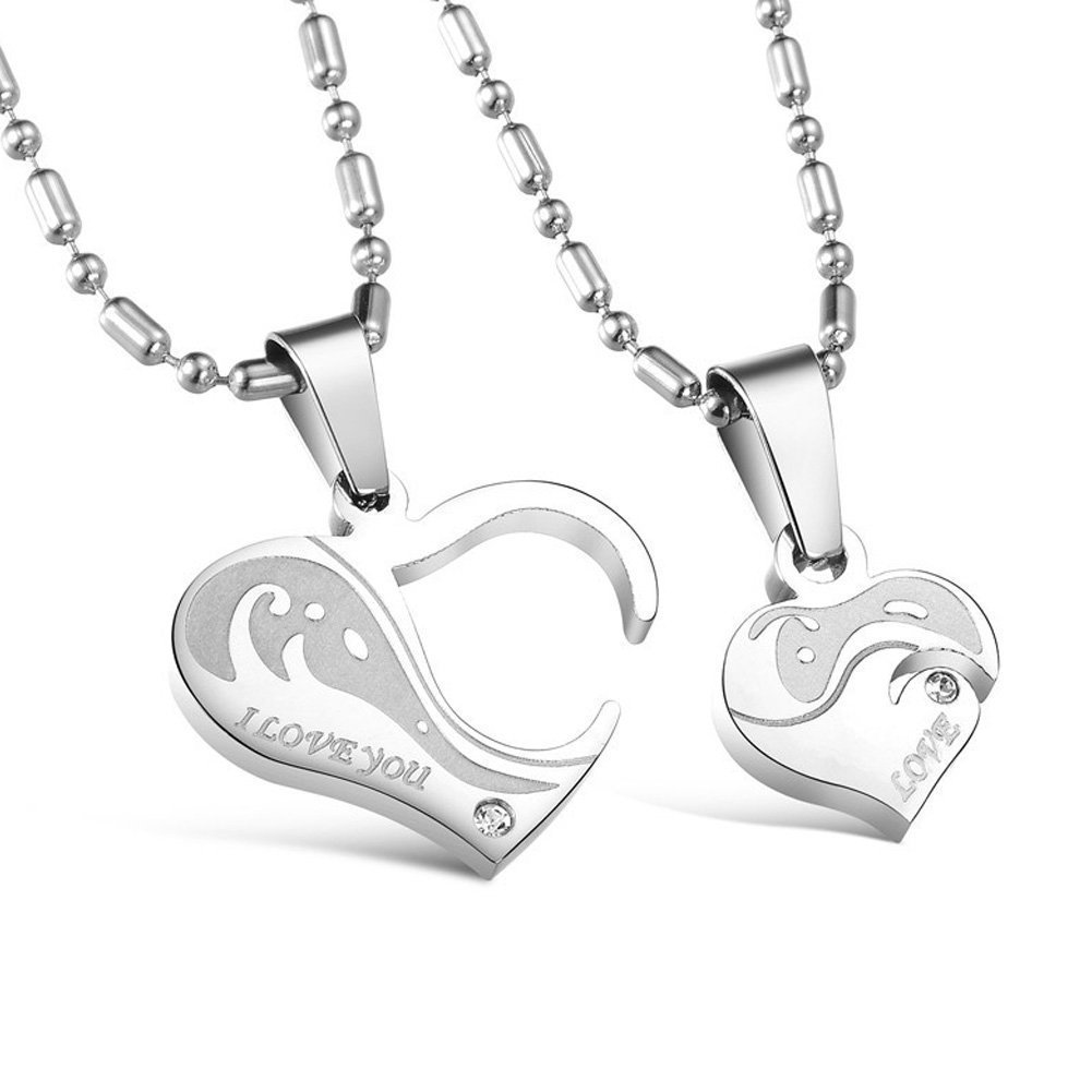 Morenitor[TM]Couple Necklace set Stainless Steel Silver Black Heart