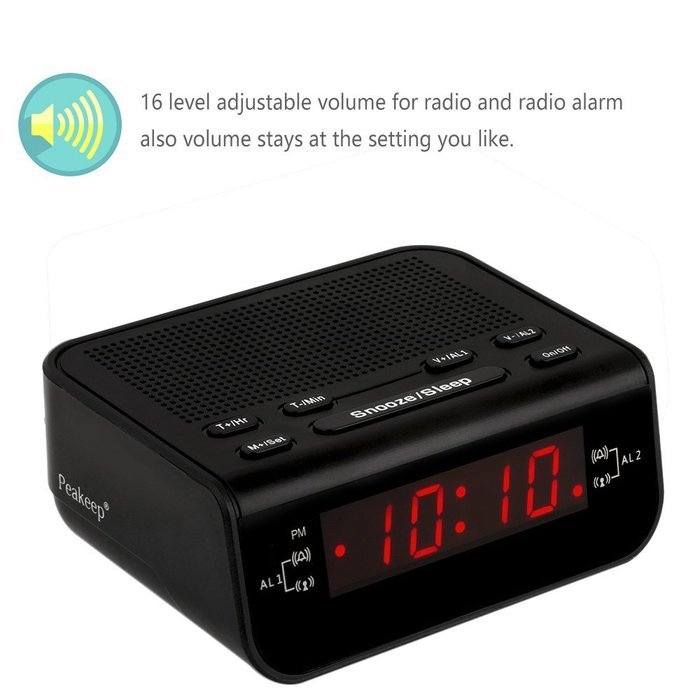 Peakeep Little Digital FM Alarm Clock Radio with Dual Alarm, Snooze, Sleep Timer and Battery