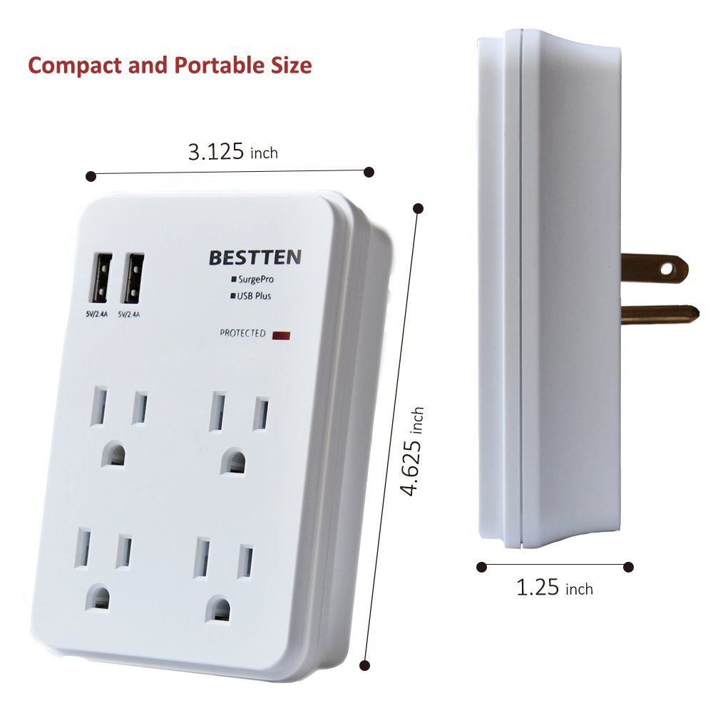 Bestten 3 Outlet Wall Mount Surge Protector with 2 USB Charging Ports