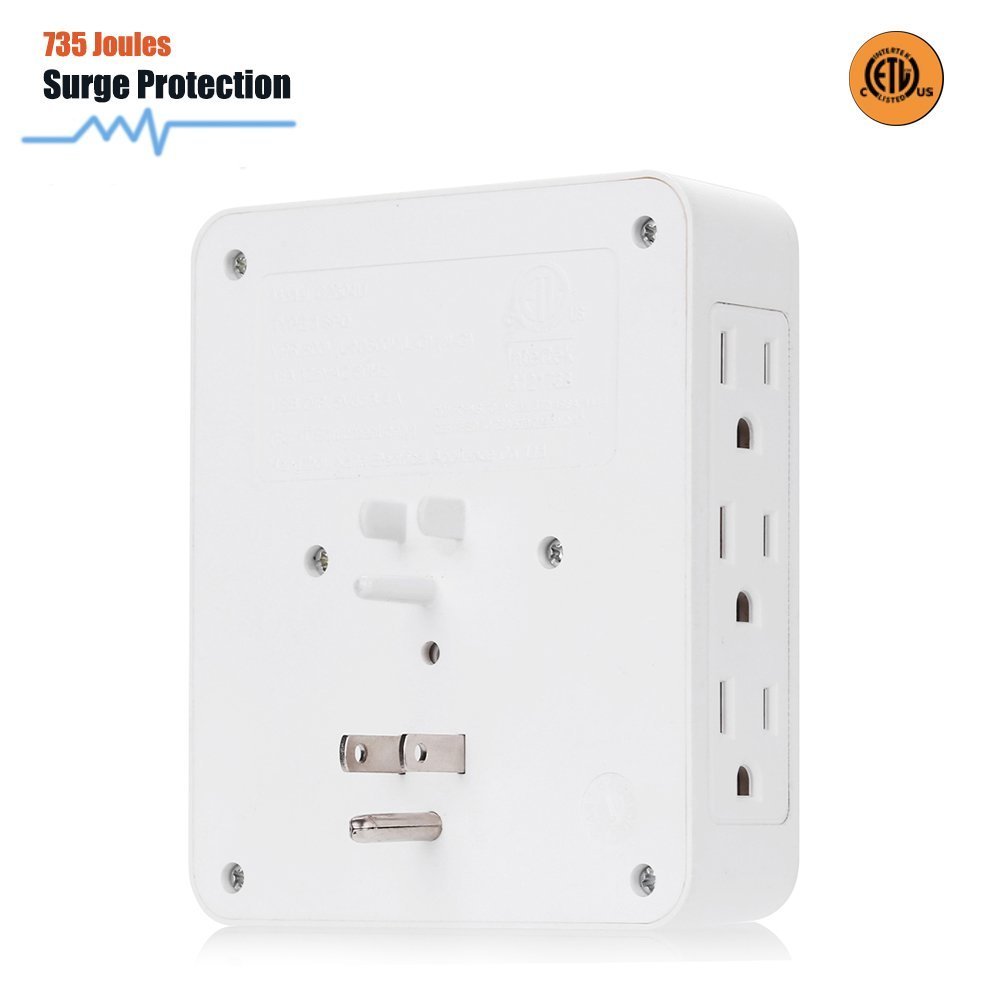 Bestten 3 Outlet Wall Mount Surge Protector with 2 USB Charging Ports