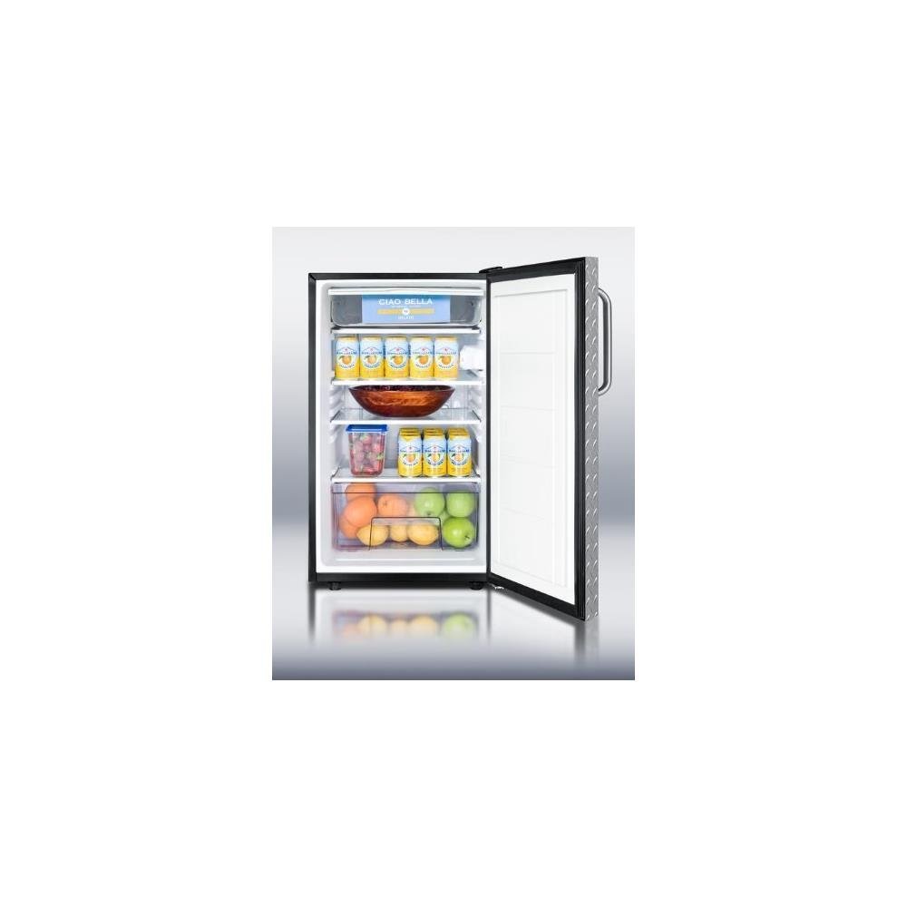 Summit CM421BLDPL 20" wide counter height refrigeratorfreezer with a lock, diamond plate door