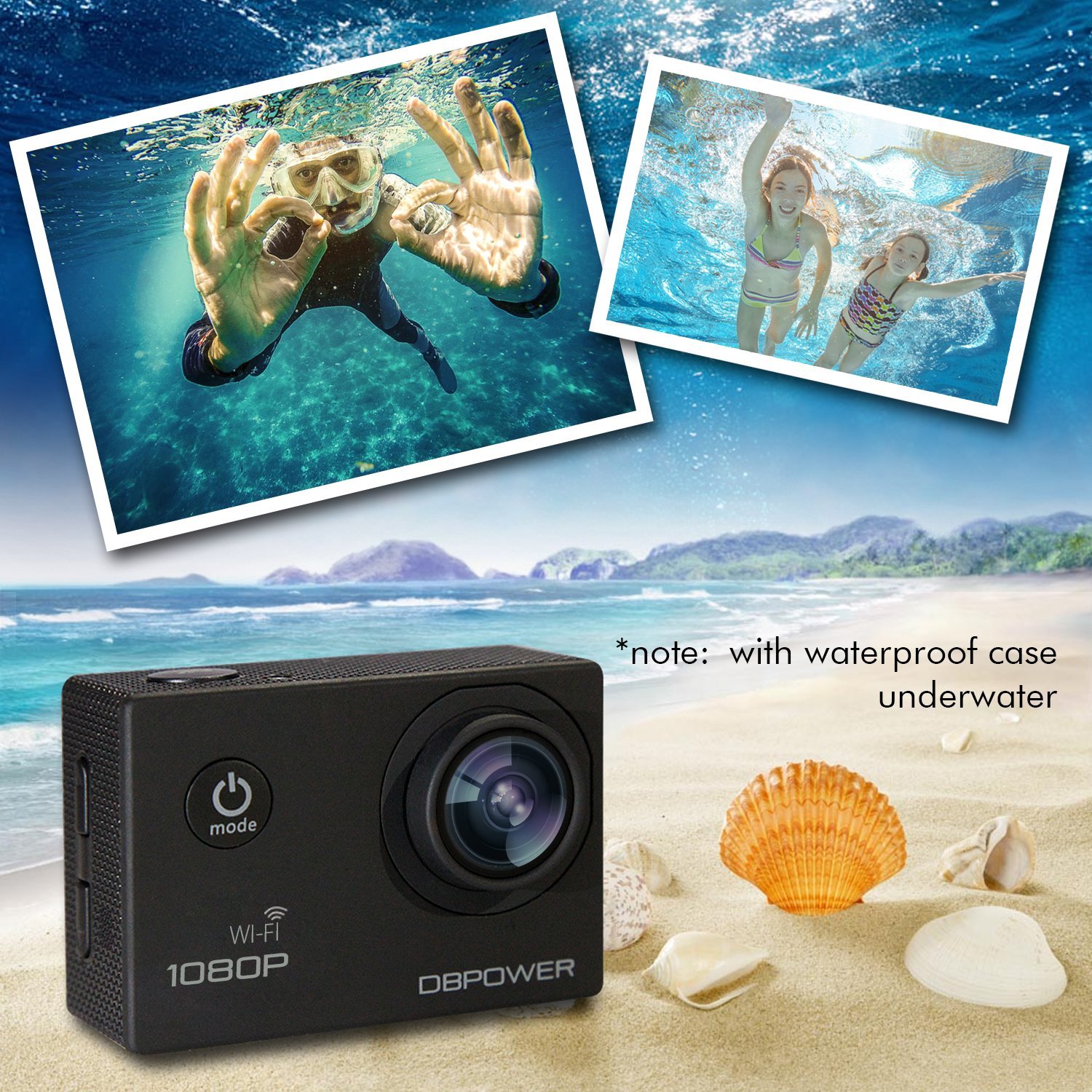 DBPOWER Waterproof Action Camera 12MP 1080P HD with 2 Batteries and