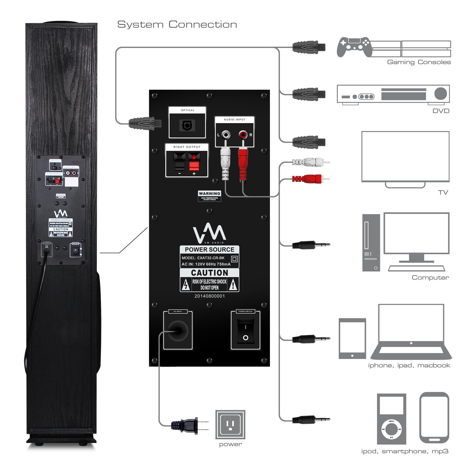 VM Audio EXAT32 Cherry/Black Floorstanding Powered Bluetooth Tower