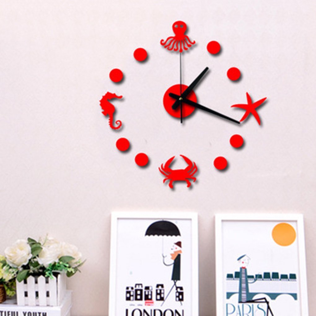 MuLuo DIY Mediterranean Starfish Hippocampus Wall Clock 3D Wall Stickers Watches Home Decor red