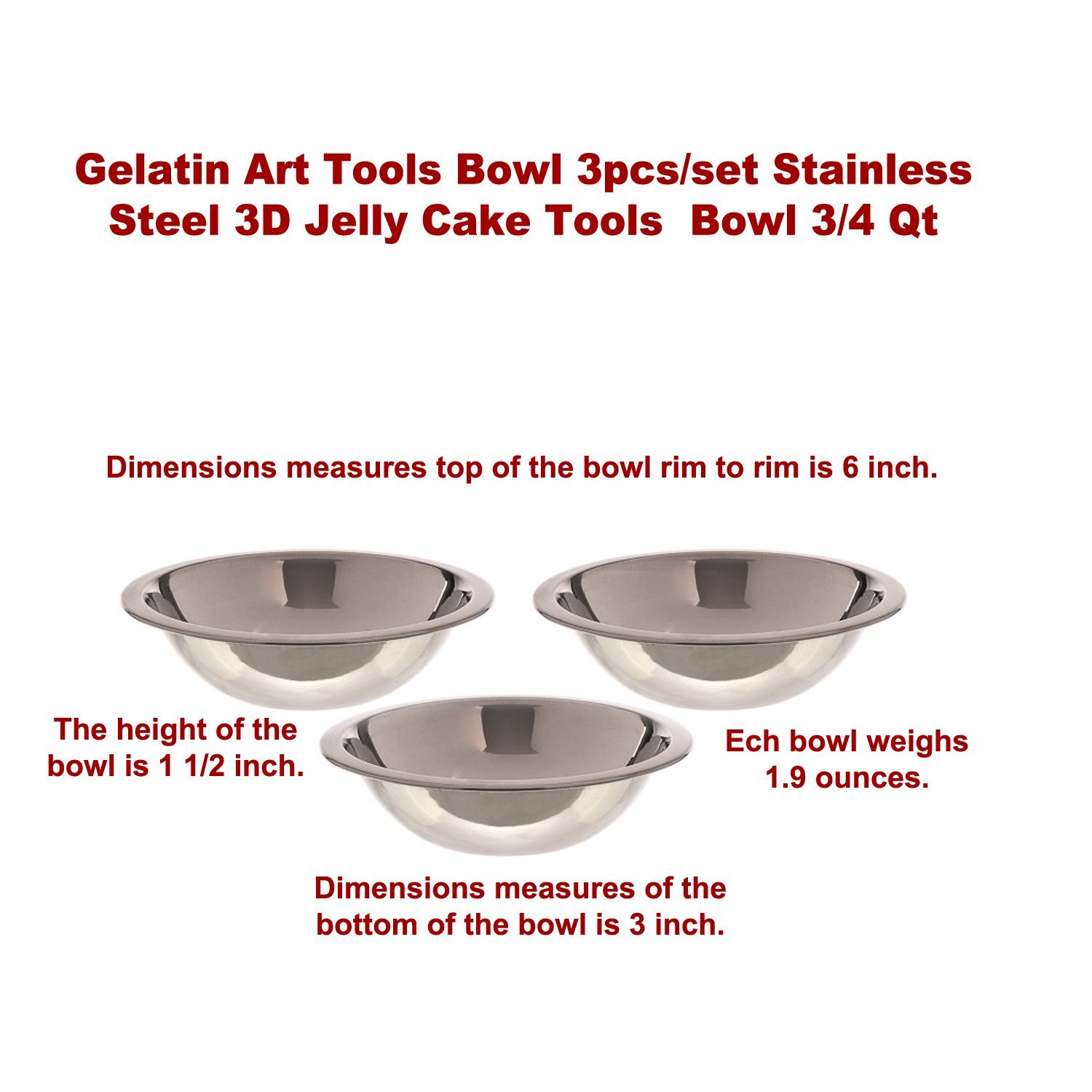 Gelatin Art Tools Bowl 3pcs/set Stainless Steel 3d Jelly Cake Tools