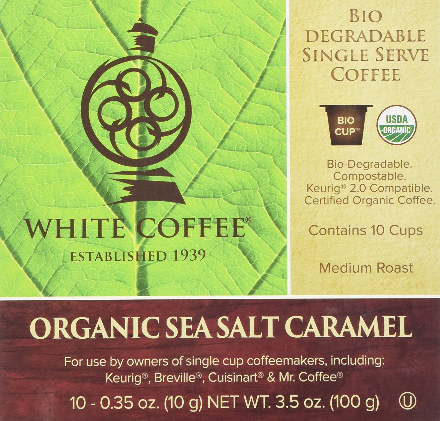 White Coffee Organic Single Serve Coffee, Sea Salt Caramel, 10 Count