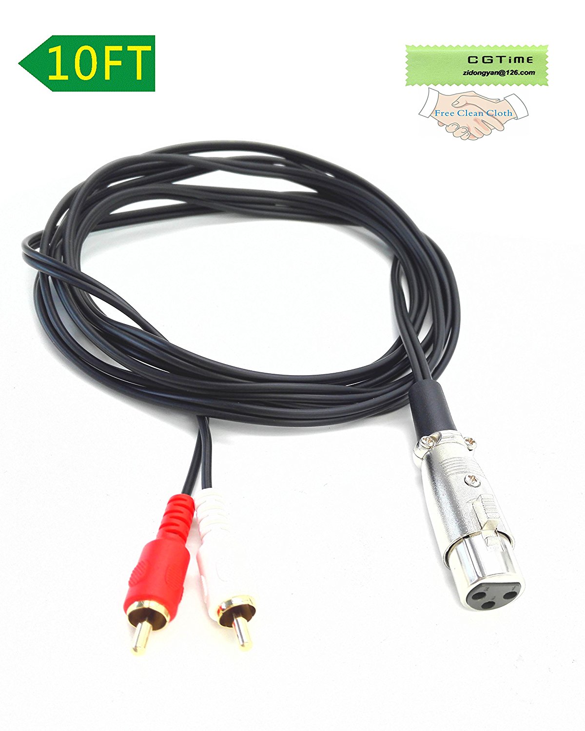 CGTime 10ft/3m XLR Y Splitter Patch Cable, 1 XLR Female to 2 RCA Male Stereo Plug Adapter Cable