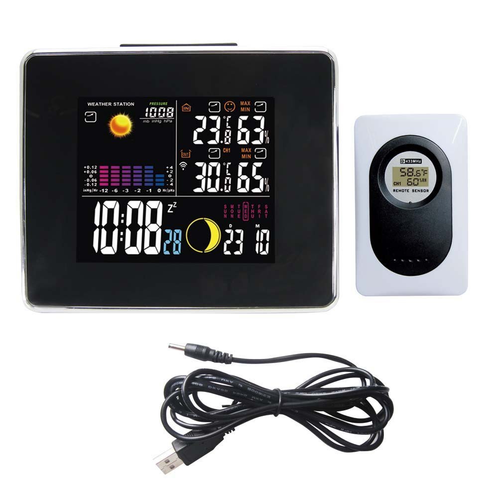 Wireless RF Weather Station Black with LED Backlight Indoor Outdoor